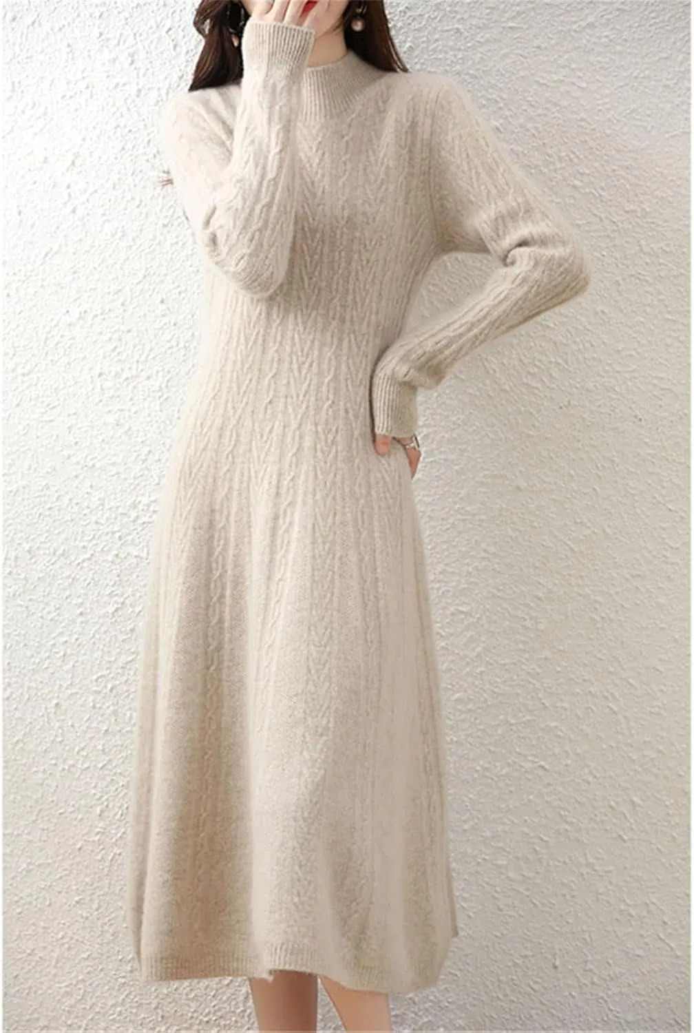 Kelsiop Dresses Cashmere Sweaters Knit Dresses 100% Merino Wool Womens High Neck Office Skirts