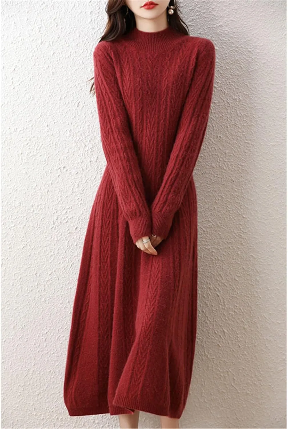 Kelsiop Dresses Cashmere Sweaters Knit Dresses 100% Merino Wool Womens High Neck Office Skirts