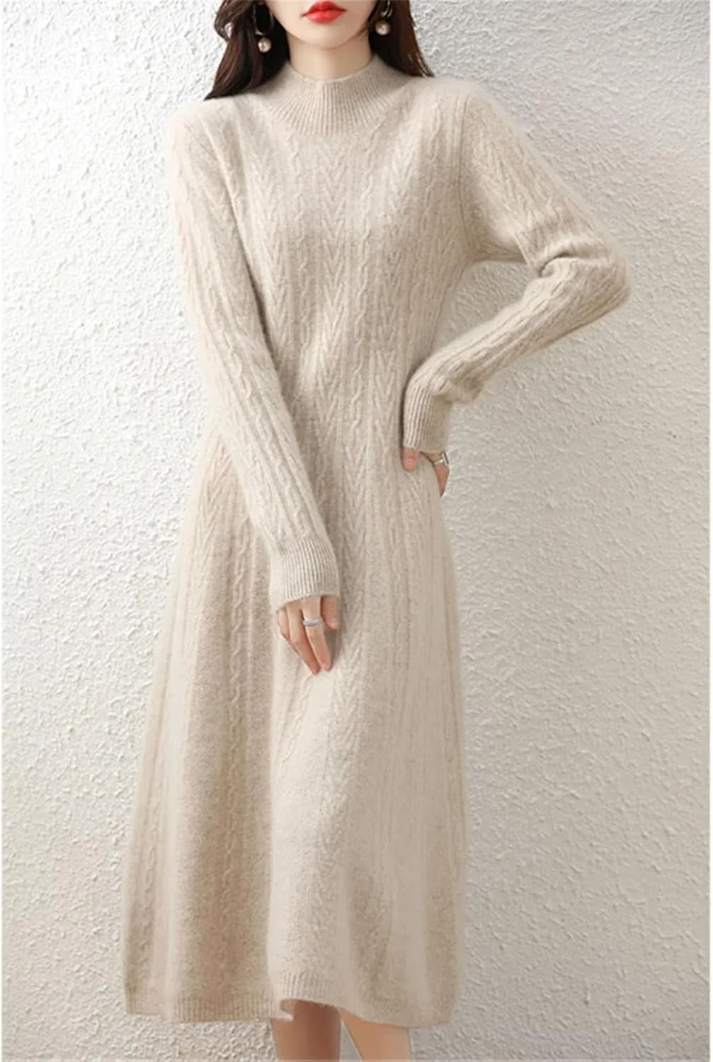 Kelsiop Dresses Cashmere Sweaters Knit Dresses 100% Merino Wool Womens High Neck Office Skirts