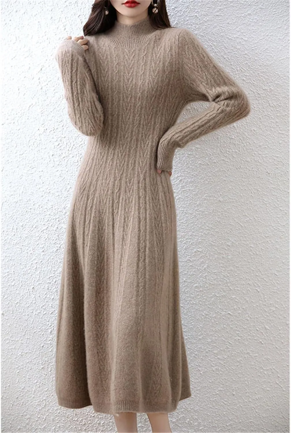 Kelsiop Dresses Cashmere Sweaters Knit Dresses 100% Merino Wool Womens High Neck Office Skirts