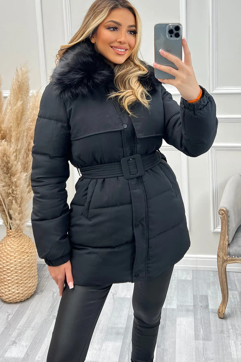 Kirstie Black Faux Fur Belted Longline Puffer Coat