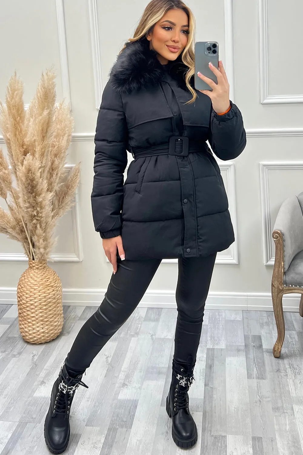 Kirstie Black Faux Fur Belted Longline Puffer Coat