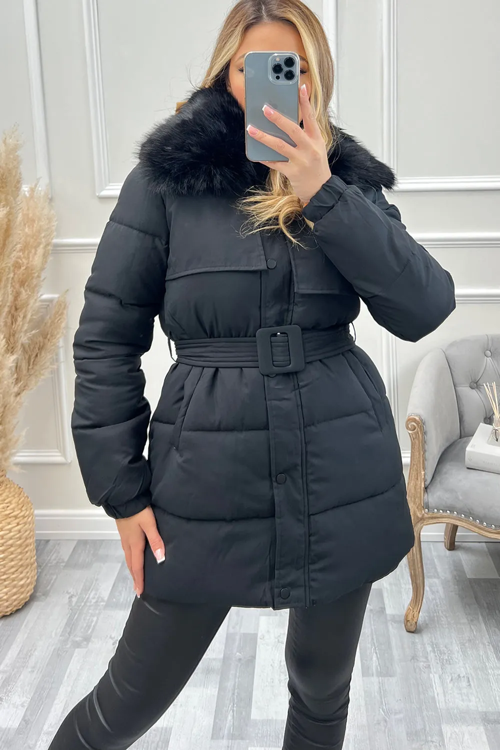 Kirstie Black Faux Fur Belted Longline Puffer Coat