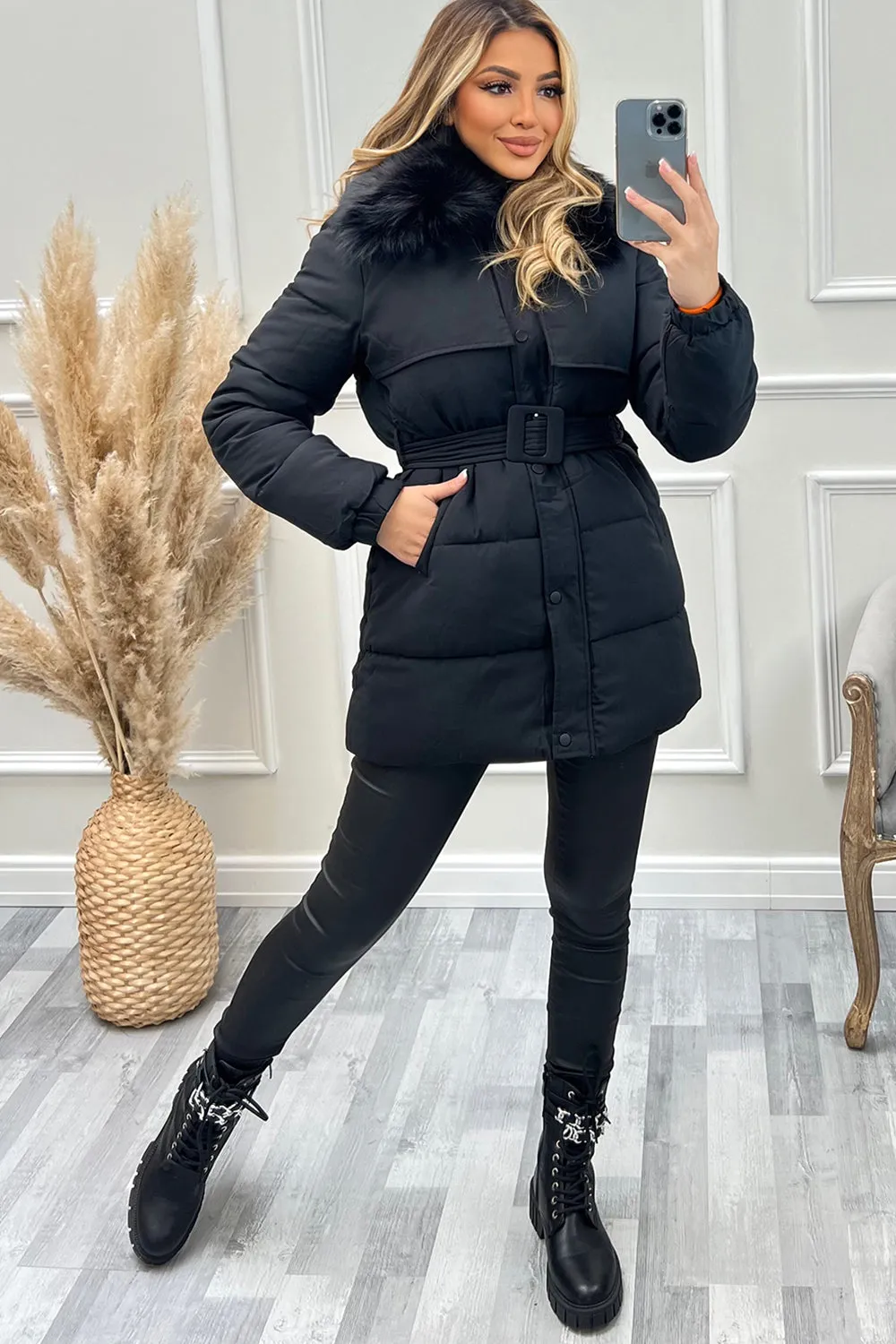 Kirstie Black Faux Fur Belted Longline Puffer Coat