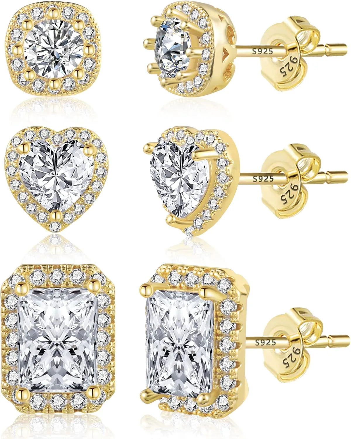 KISSPAT Gold Stud Earrings Set for Women 3 Pairs Large Heart & Halo & Squre Cubic Zirconia Stud Earrings with Sterling Silver Post
