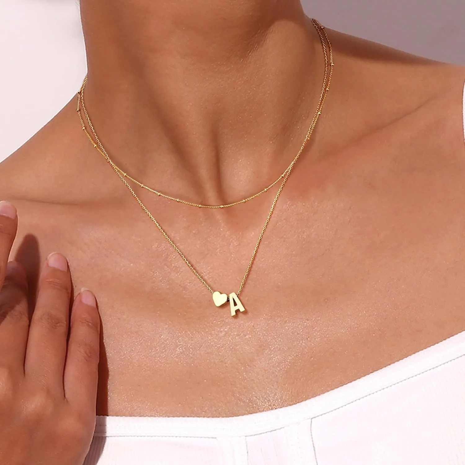 Krfy Gold Layered Initial Heart Necklace - Dainty 14K Gold Plated Tiny Letter Heart Personalized Monogram Name Necklaces for Women Trendy Gold Necklace Jewelry