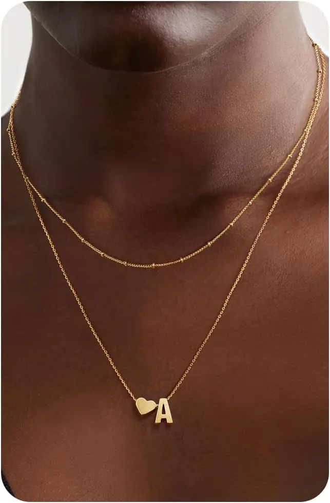 Krfy Gold Layered Initial Heart Necklace - Dainty 14K Gold Plated Tiny Letter Heart Personalized Monogram Name Necklaces for Women Trendy Gold Necklace Jewelry
