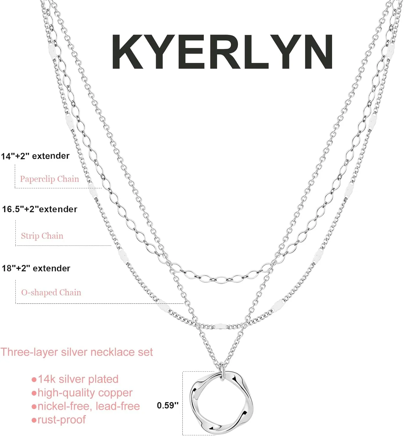 Kyerlyn Layered Necklaces for Women, 14K Gold Plated Necklace Sterling Silver Necklace Stack Circle Pendant Necklace Trendy Long Chain Stackable Silver Necklace Set Dainty Gold Stacked Jewelry Gifts