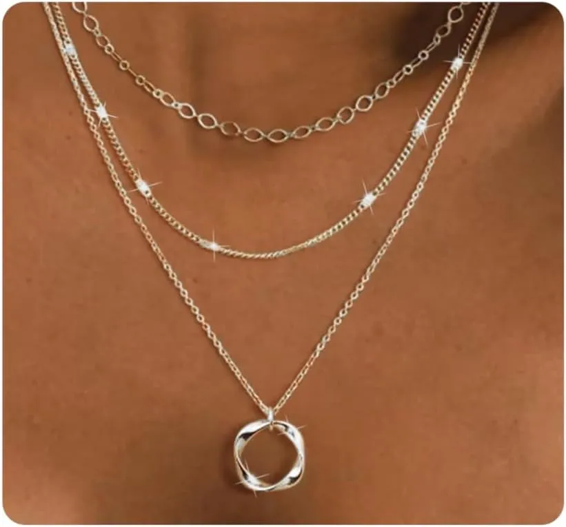 Kyerlyn Layered Necklaces for Women, 14K Gold Plated Necklace Sterling Silver Necklace Stack Circle Pendant Necklace Trendy Long Chain Stackable Silver Necklace Set Dainty Gold Stacked Jewelry Gifts
