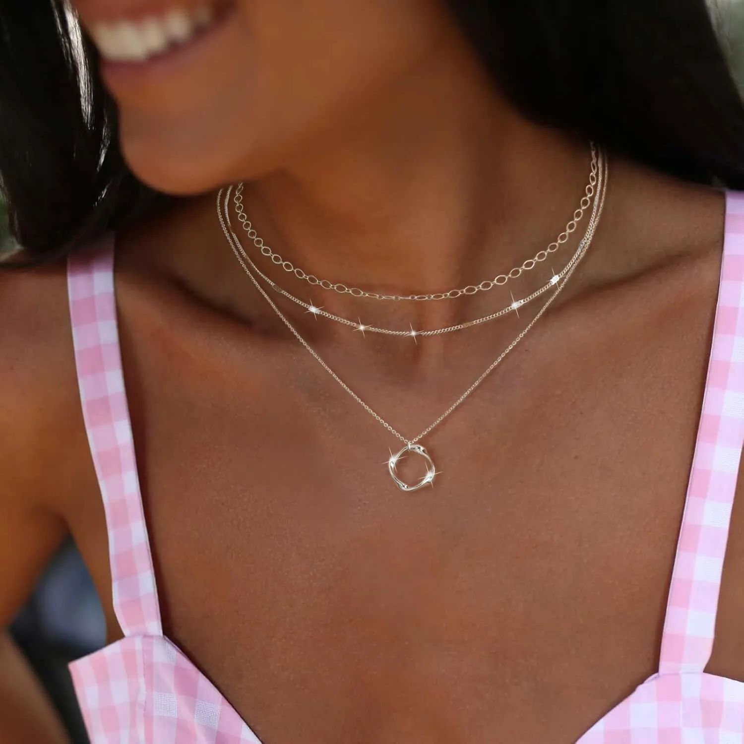Kyerlyn Layered Necklaces for Women, 14K Gold Plated Necklace Sterling Silver Necklace Stack Circle Pendant Necklace Trendy Long Chain Stackable Silver Necklace Set Dainty Gold Stacked Jewelry Gifts