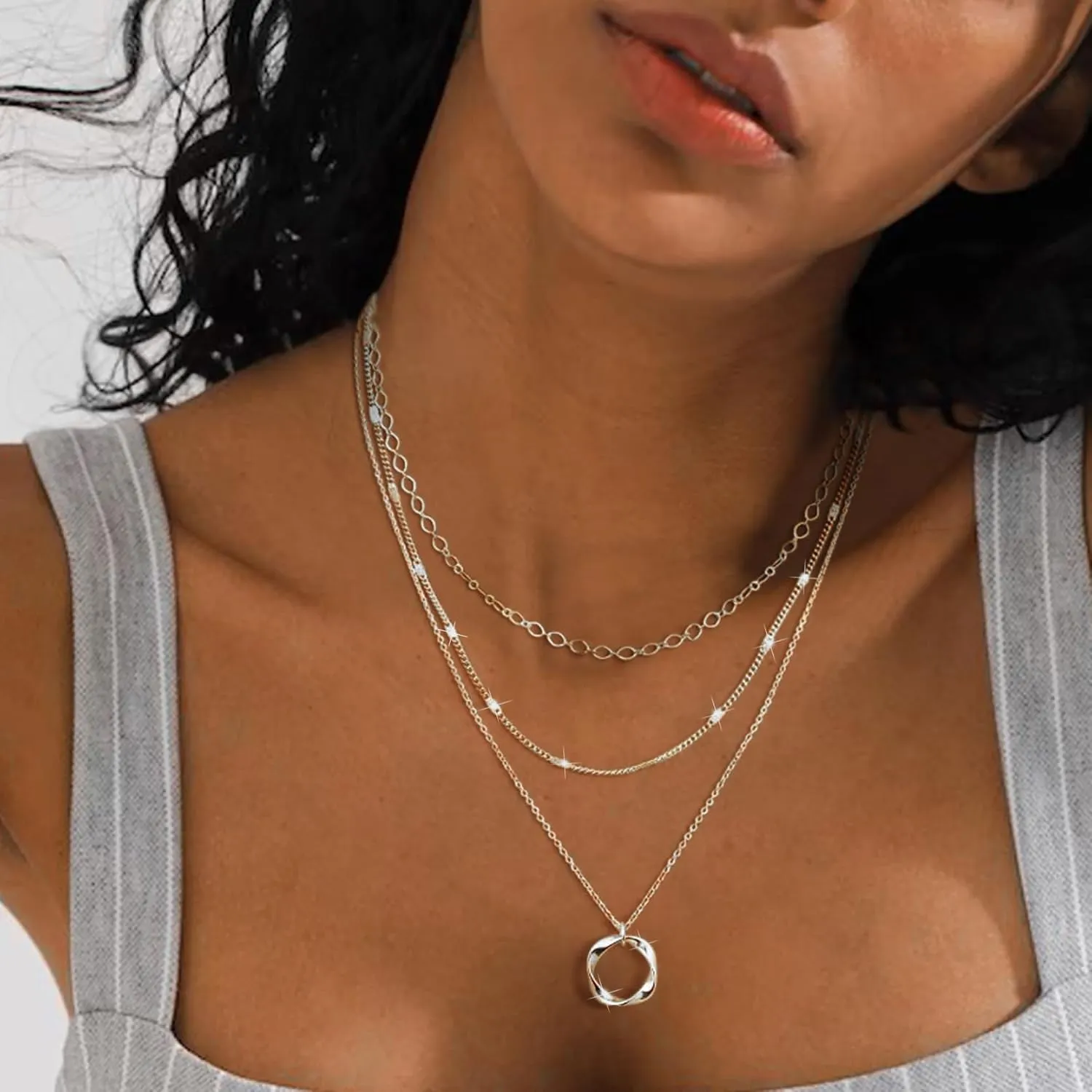 Kyerlyn Layered Necklaces for Women, 14K Gold Plated Necklace Sterling Silver Necklace Stack Circle Pendant Necklace Trendy Long Chain Stackable Silver Necklace Set Dainty Gold Stacked Jewelry Gifts