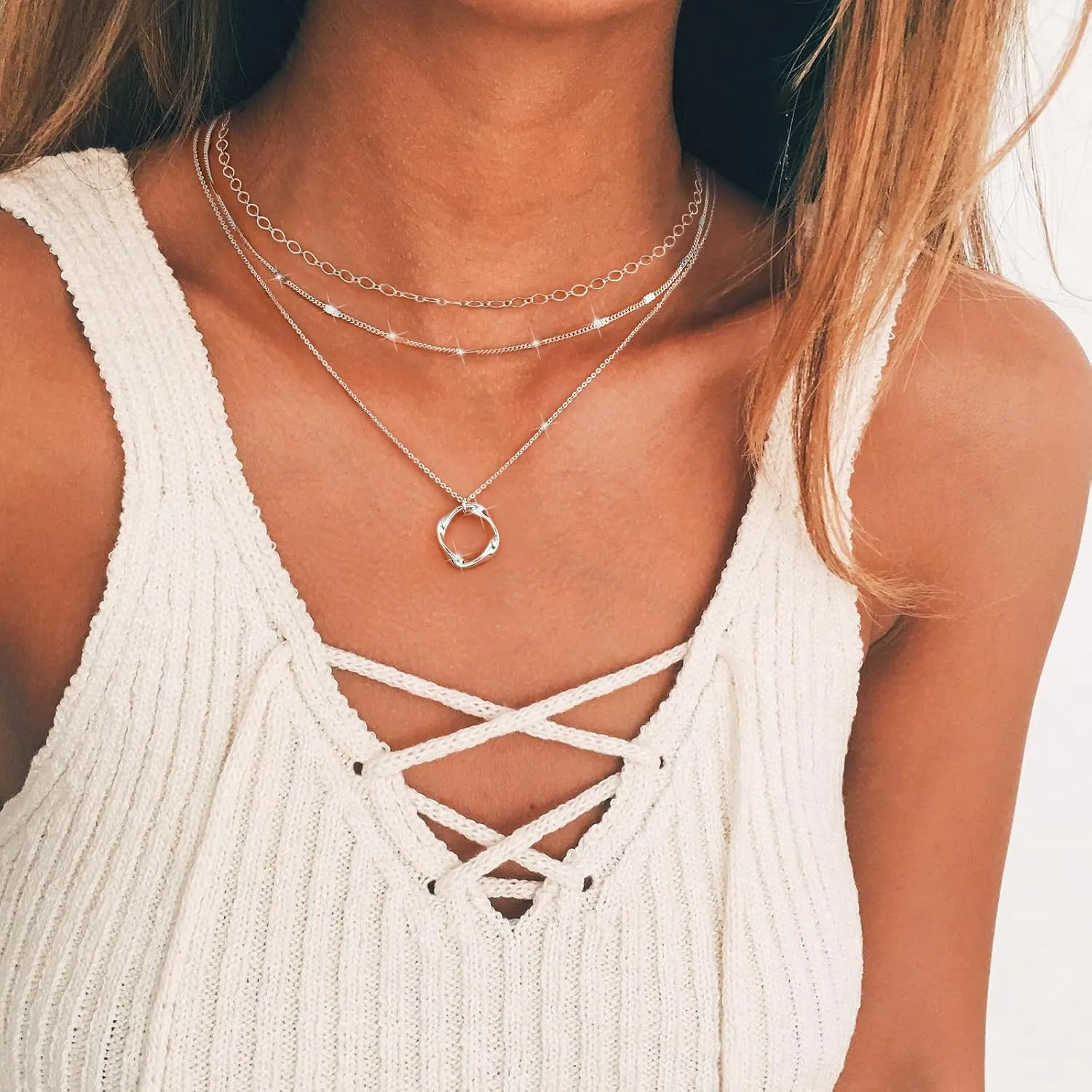 Kyerlyn Layered Necklaces for Women, 14K Gold Plated Necklace Sterling Silver Necklace Stack Circle Pendant Necklace Trendy Long Chain Stackable Silver Necklace Set Dainty Gold Stacked Jewelry Gifts