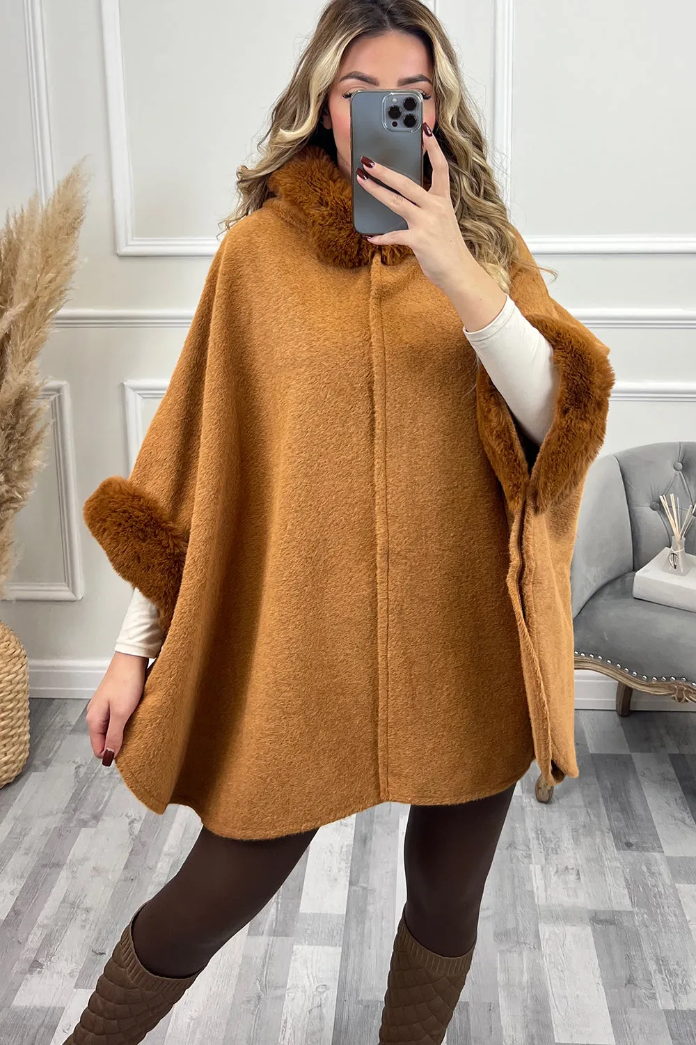 Kynlee Camel Faux Fur Hooded Open Cape