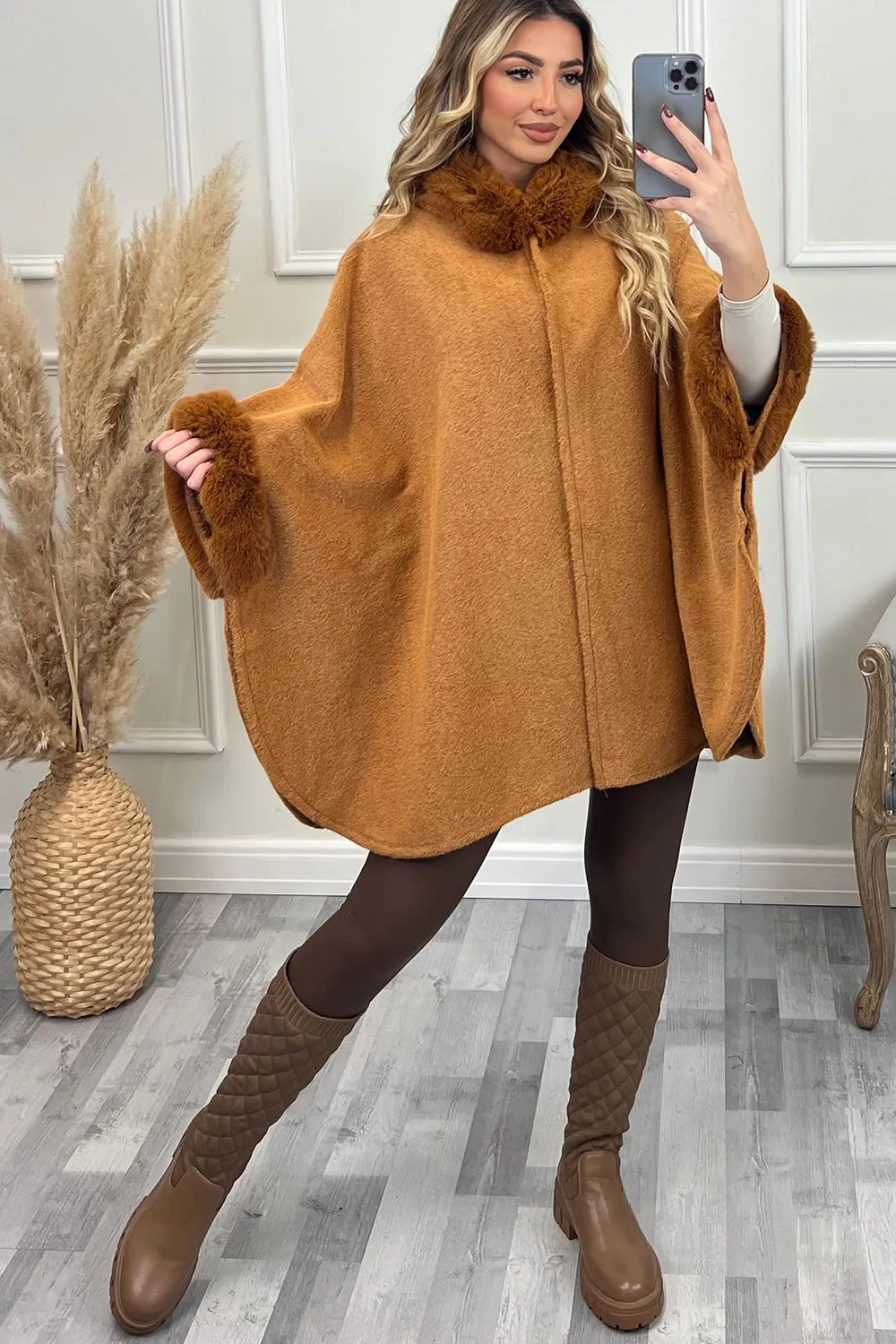 Kynlee Camel Faux Fur Hooded Open Cape