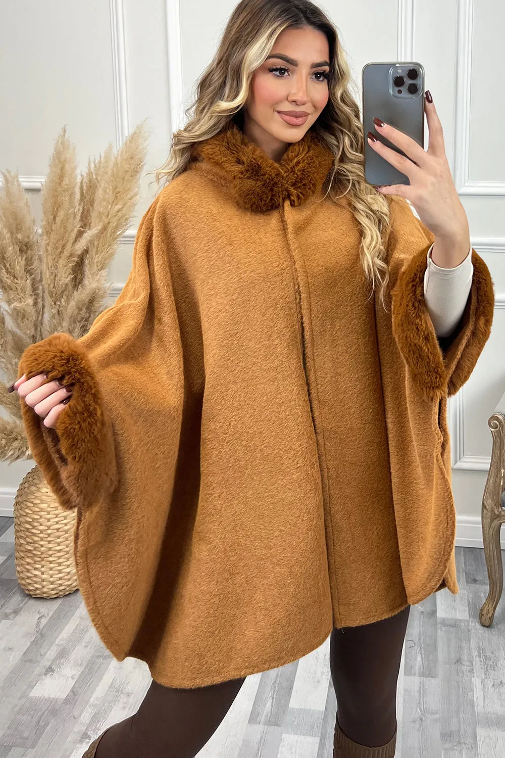 Kynlee Camel Faux Fur Hooded Open Cape