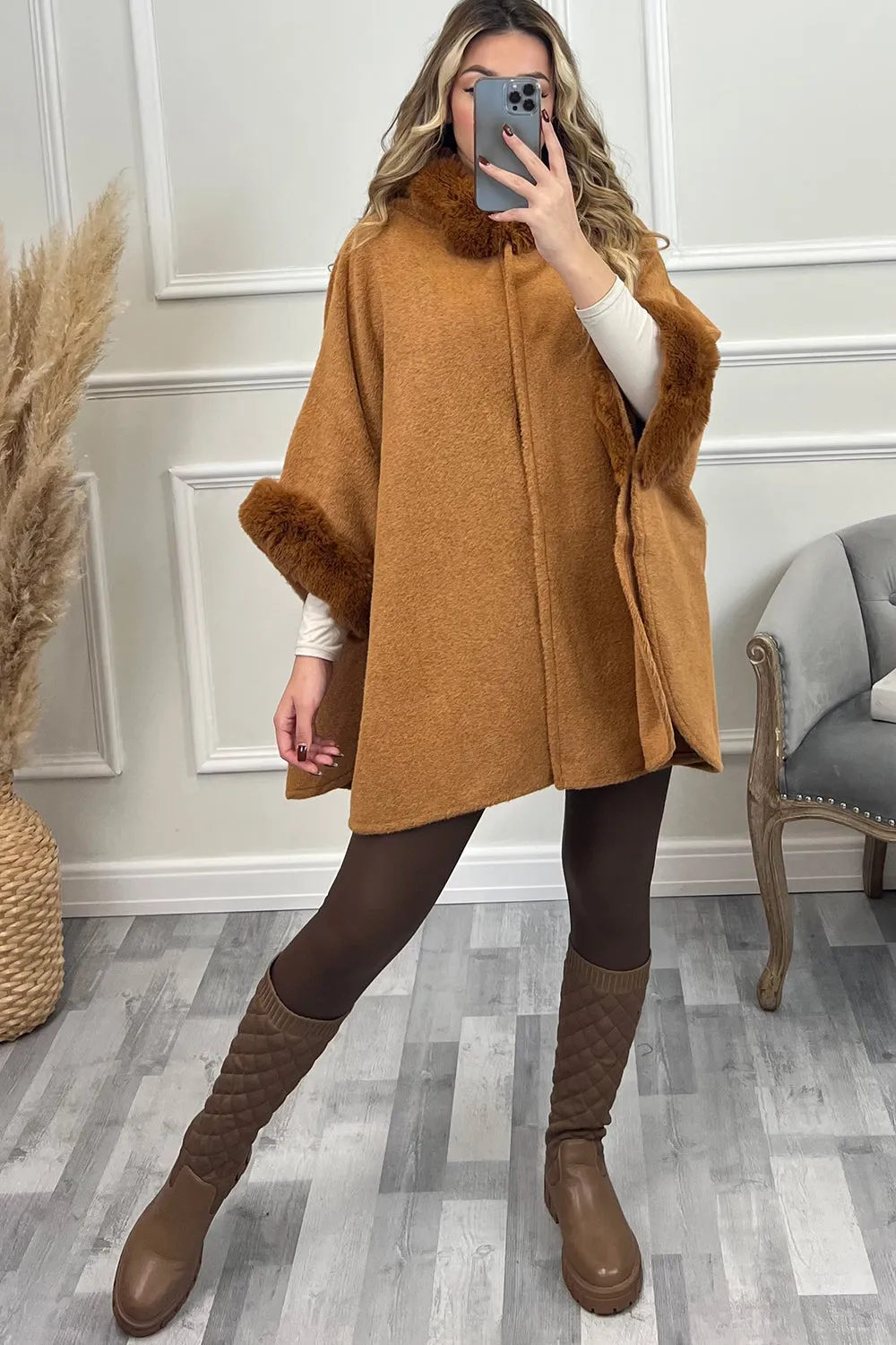 Kynlee Camel Faux Fur Hooded Open Cape