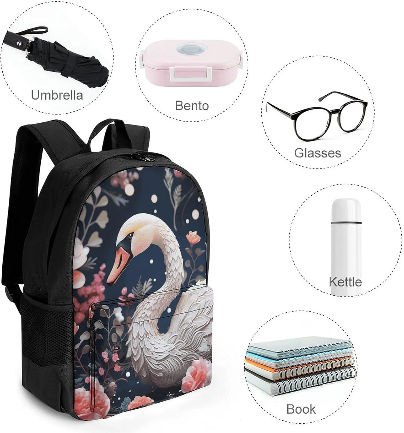 Laptop Backpack for Women Men Daypack Floral Swan Backpacks Computer Bag Travel Laptop Bag Casual Work Bag