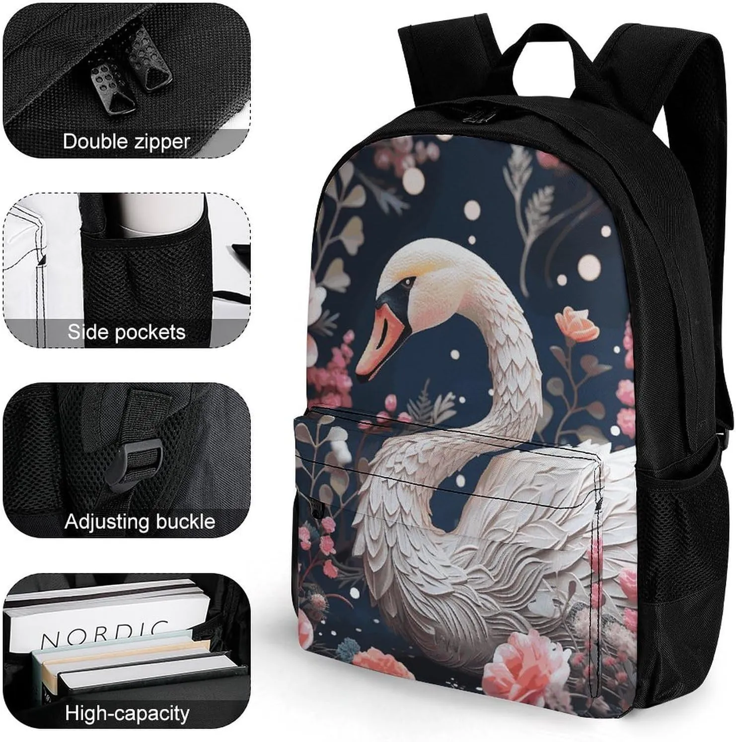 Laptop Backpack for Women Men Daypack Floral Swan Backpacks Computer Bag Travel Laptop Bag Casual Work Bag