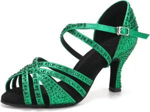 Latin Dance Shoes for Women Rhinestone Open Toe Salsa Bachata Performance Ballroom Dancing Shoes,Model QRX-L377-3 heel-Suede Sole