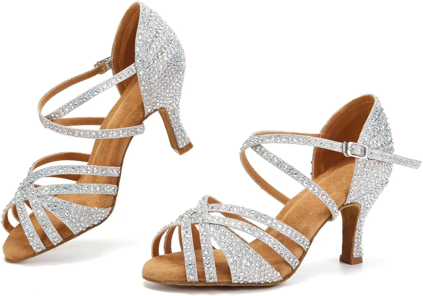 Latin Dance Shoes for Women Rhinestone Open Toe Salsa Bachata Performance Ballroom Dancing Shoes,Model QRX-L377-3 heel-Suede Sole