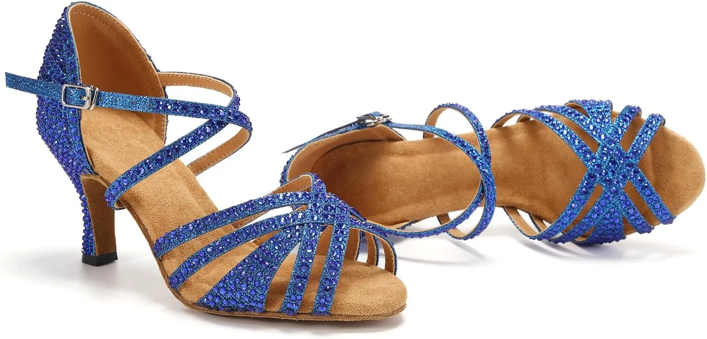 Latin Dance Shoes for Women Rhinestone Open Toe Salsa Bachata Performance Ballroom Dancing Shoes,Model QRX-L377-3 heel-Suede Sole