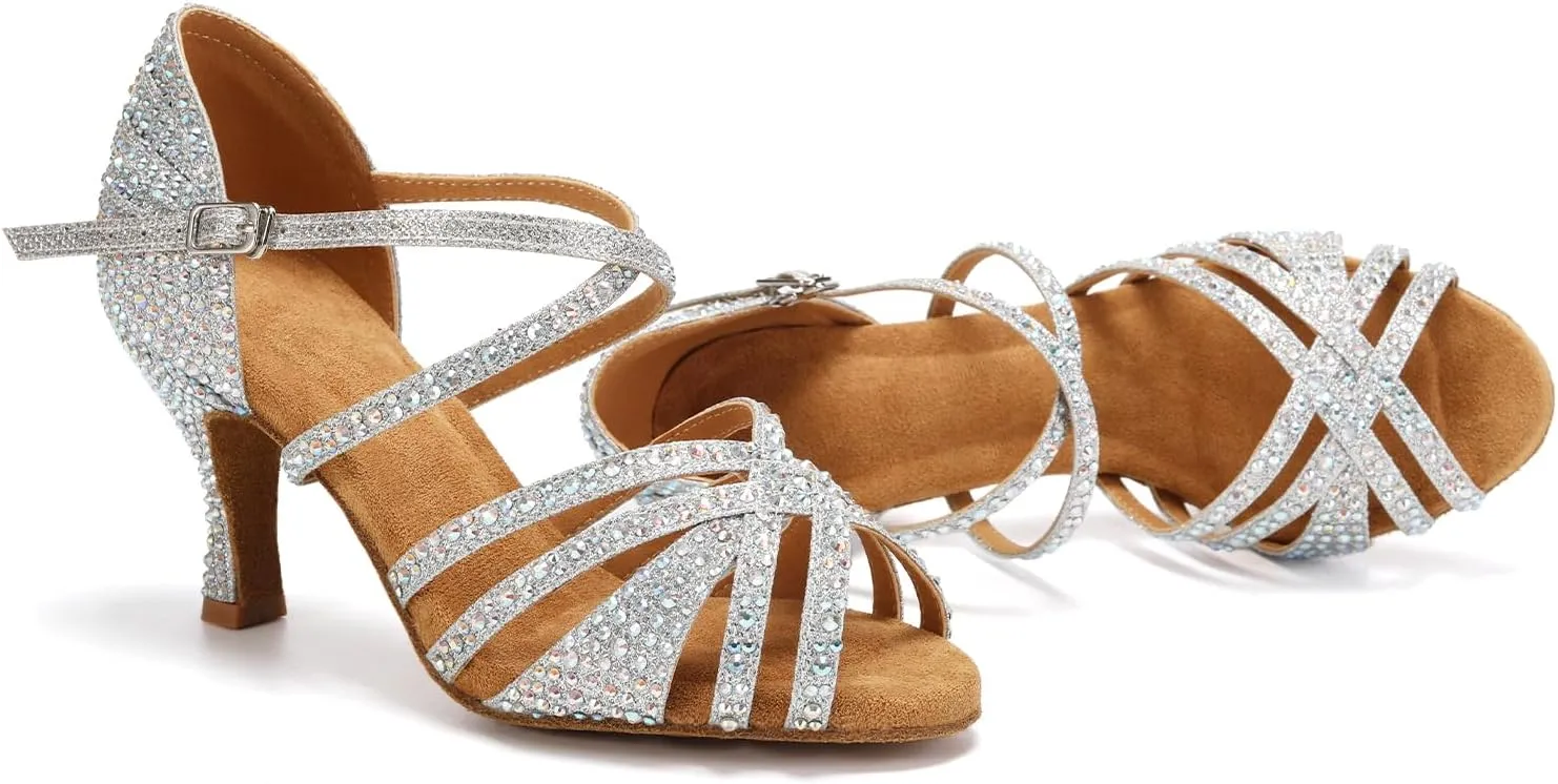 Latin Dance Shoes for Women Rhinestone Open Toe Salsa Bachata Performance Ballroom Dancing Shoes,Model QRX-L377-3 heel-Suede Sole