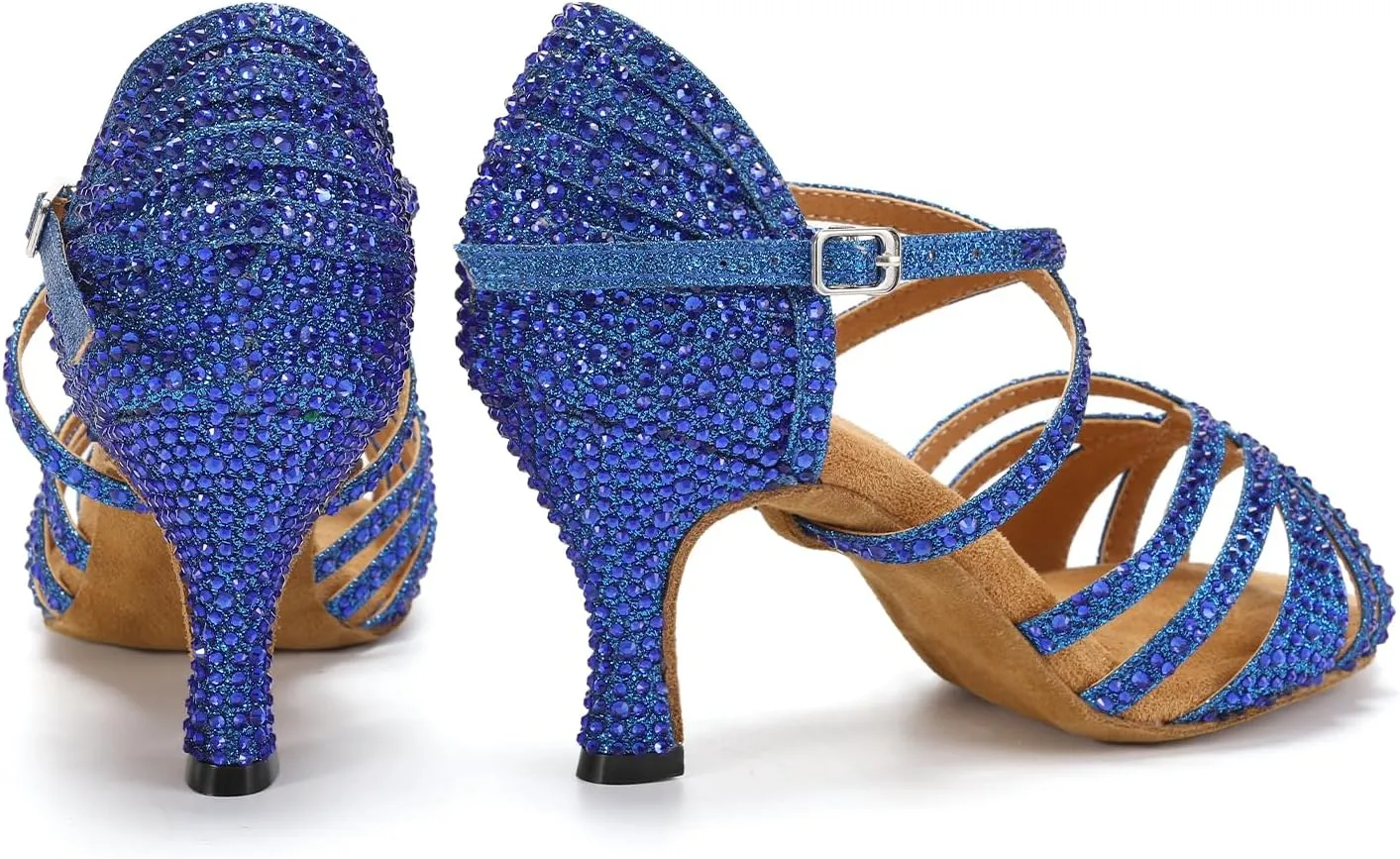 Latin Dance Shoes for Women Rhinestone Open Toe Salsa Bachata Performance Ballroom Dancing Shoes,Model QRX-L377-3 heel-Suede Sole
