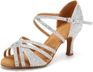 Latin Dance Shoes for Women Rhinestone Open Toe Salsa Bachata Performance Ballroom Dancing Shoes,Model QRX-L377-3 heel-Suede Sole