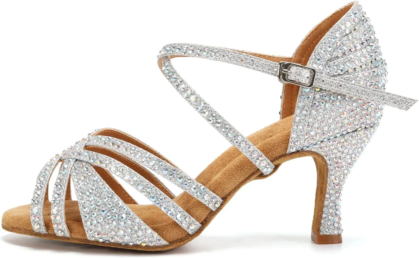 Latin Dance Shoes for Women Rhinestone Open Toe Salsa Bachata Performance Ballroom Dancing Shoes,Model QRX-L377-3 heel-Suede Sole