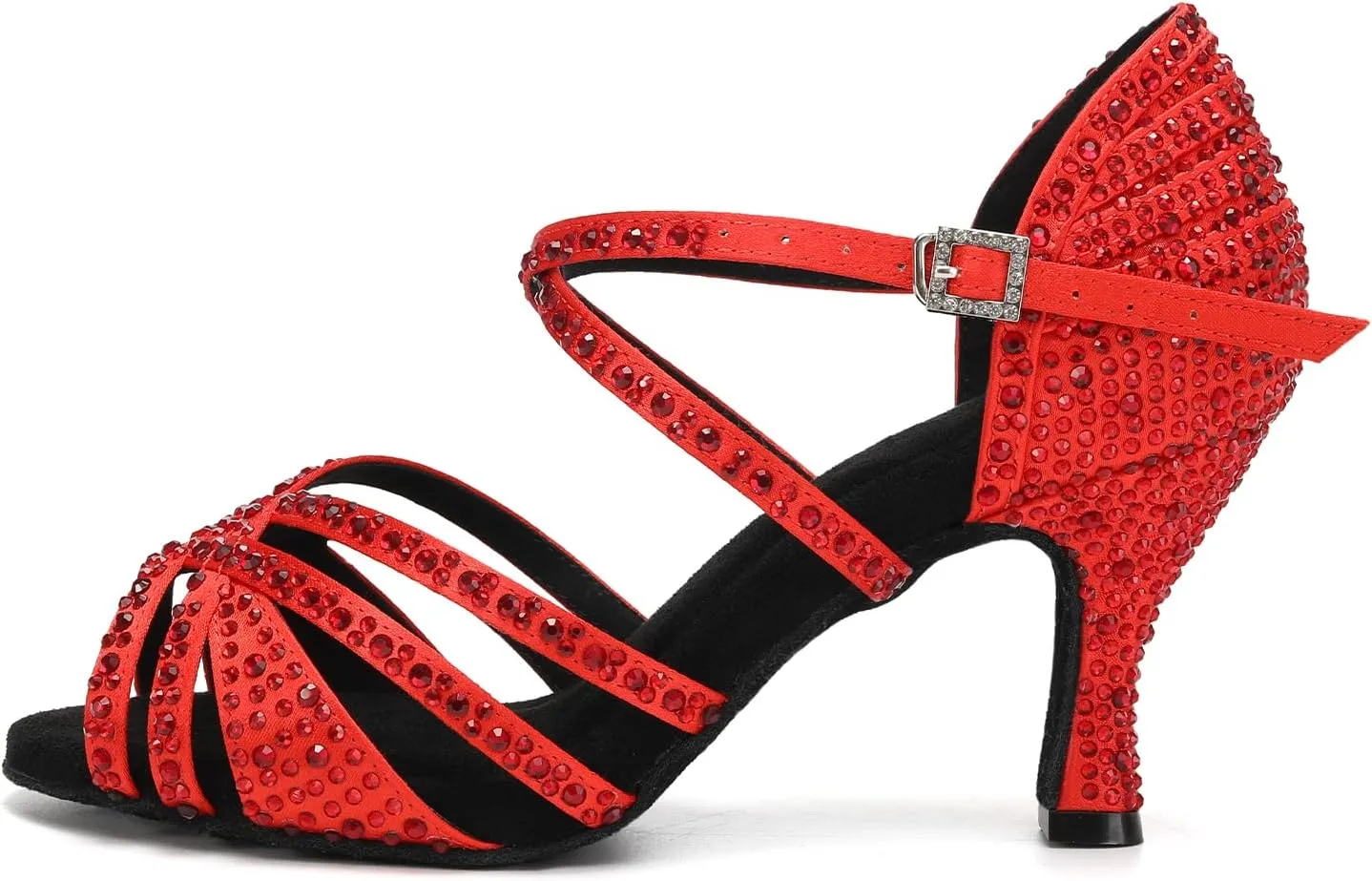 Latin Dance Shoes for Women Rhinestone Open Toe Salsa Bachata Performance Ballroom Dancing Shoes,Model QRX-L377-3 heel-Suede Sole