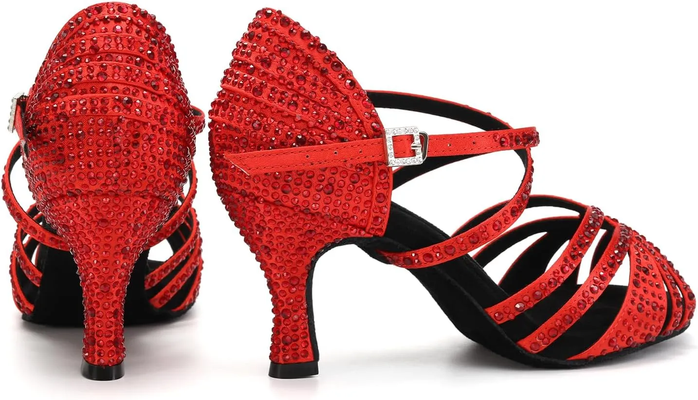 Latin Dance Shoes for Women Rhinestone Open Toe Salsa Bachata Performance Ballroom Dancing Shoes,Model QRX-L377-3 heel-Suede Sole