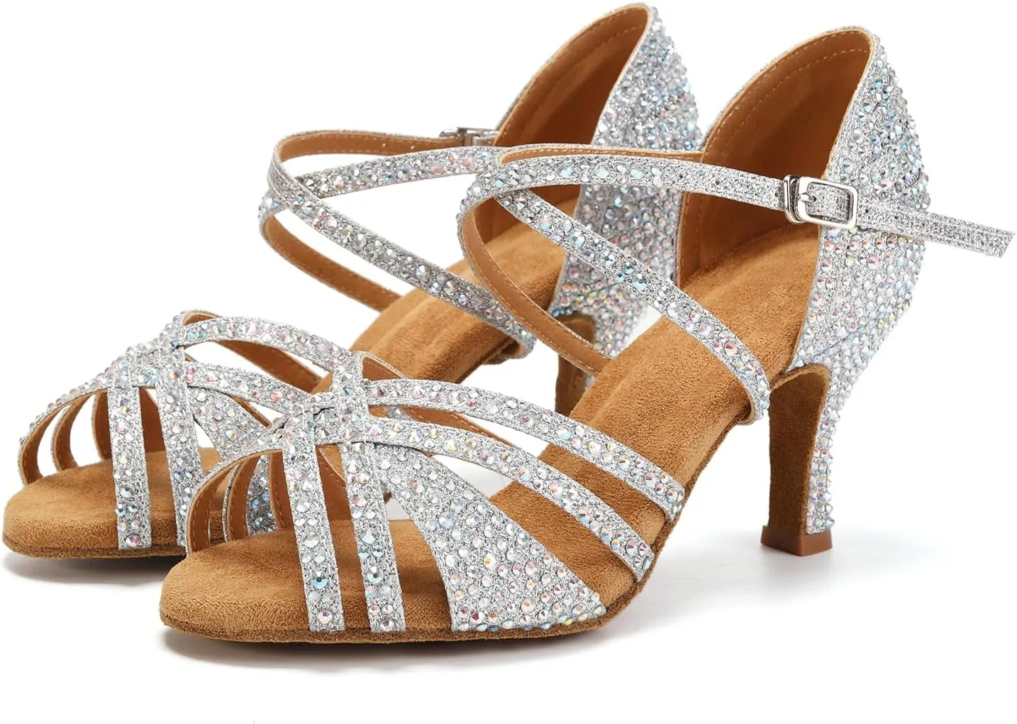 Latin Dance Shoes for Women Rhinestone Open Toe Salsa Bachata Performance Ballroom Dancing Shoes,Model QRX-L377-3 heel-Suede Sole
