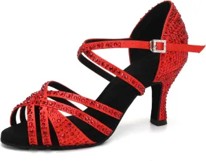 Latin Dance Shoes for Women Rhinestone Open Toe Salsa Bachata Performance Ballroom Dancing Shoes,Model QRX-L377-3 heel-Suede Sole
