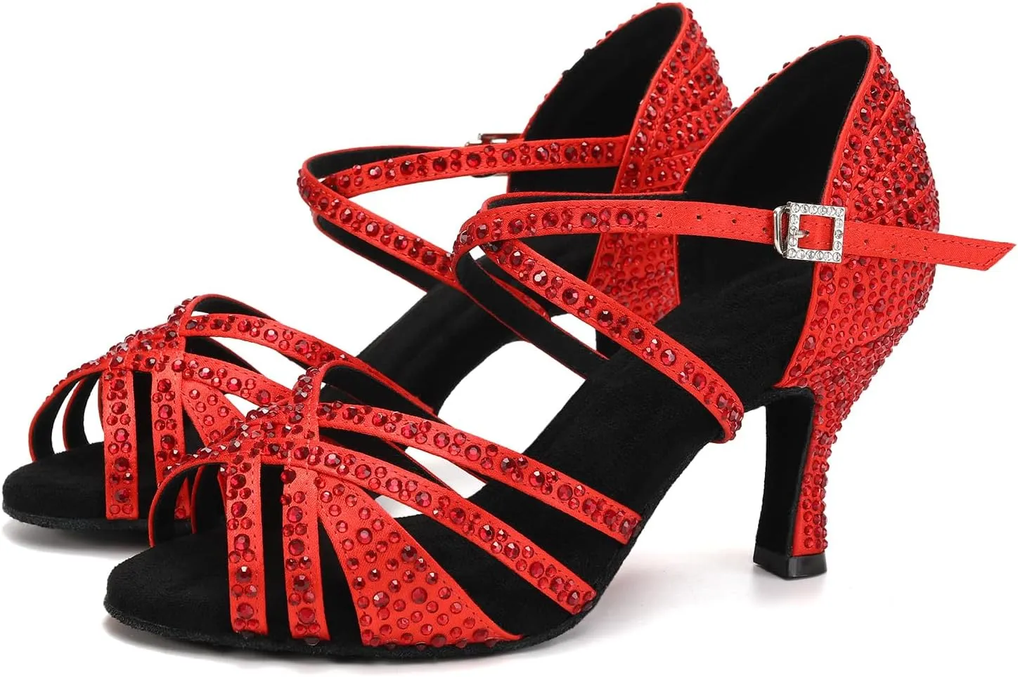 Latin Dance Shoes for Women Rhinestone Open Toe Salsa Bachata Performance Ballroom Dancing Shoes,Model QRX-L377-3 heel-Suede Sole