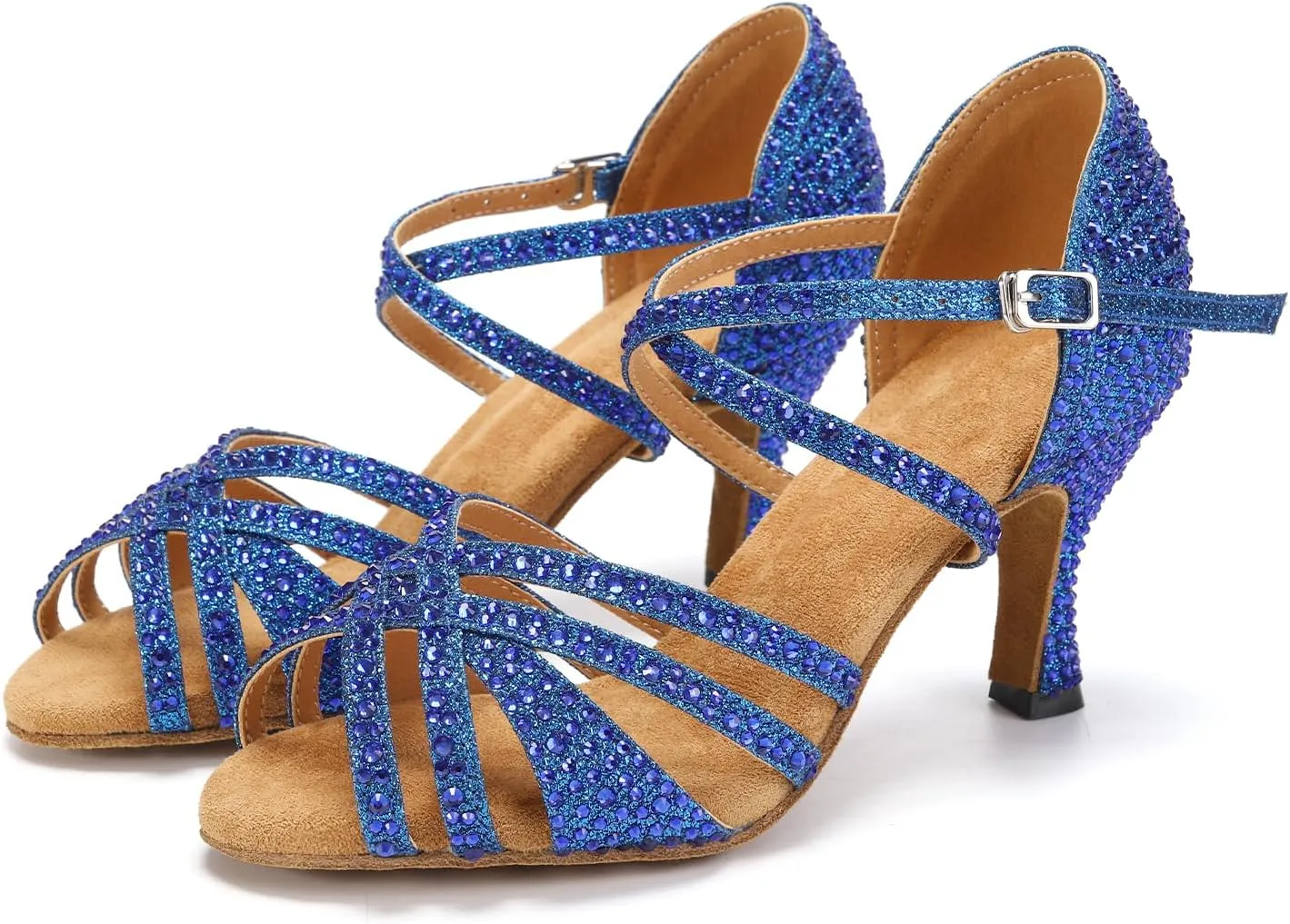 Latin Dance Shoes for Women Rhinestone Open Toe Salsa Bachata Performance Ballroom Dancing Shoes,Model QRX-L377-3 heel-Suede Sole
