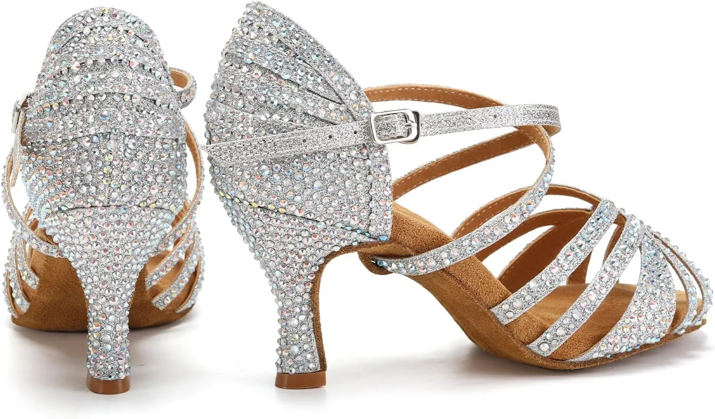Latin Dance Shoes for Women Rhinestone Open Toe Salsa Bachata Performance Ballroom Dancing Shoes,Model QRX-L377-3 heel-Suede Sole