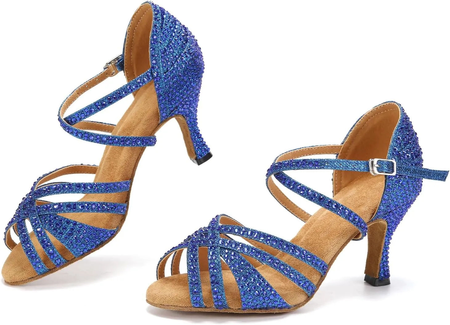 Latin Dance Shoes for Women Rhinestone Open Toe Salsa Bachata Performance Ballroom Dancing Shoes,Model QRX-L377-3 heel-Suede Sole