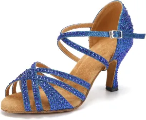 Latin Dance Shoes for Women Rhinestone Open Toe Salsa Bachata Performance Ballroom Dancing Shoes,Model QRX-L377-3 heel-Suede Sole