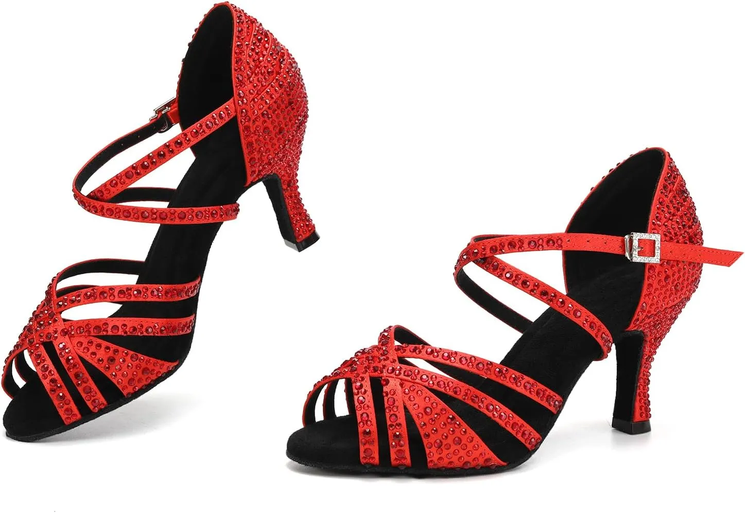 Latin Dance Shoes for Women Rhinestone Open Toe Salsa Bachata Performance Ballroom Dancing Shoes,Model QRX-L377-3 heel-Suede Sole