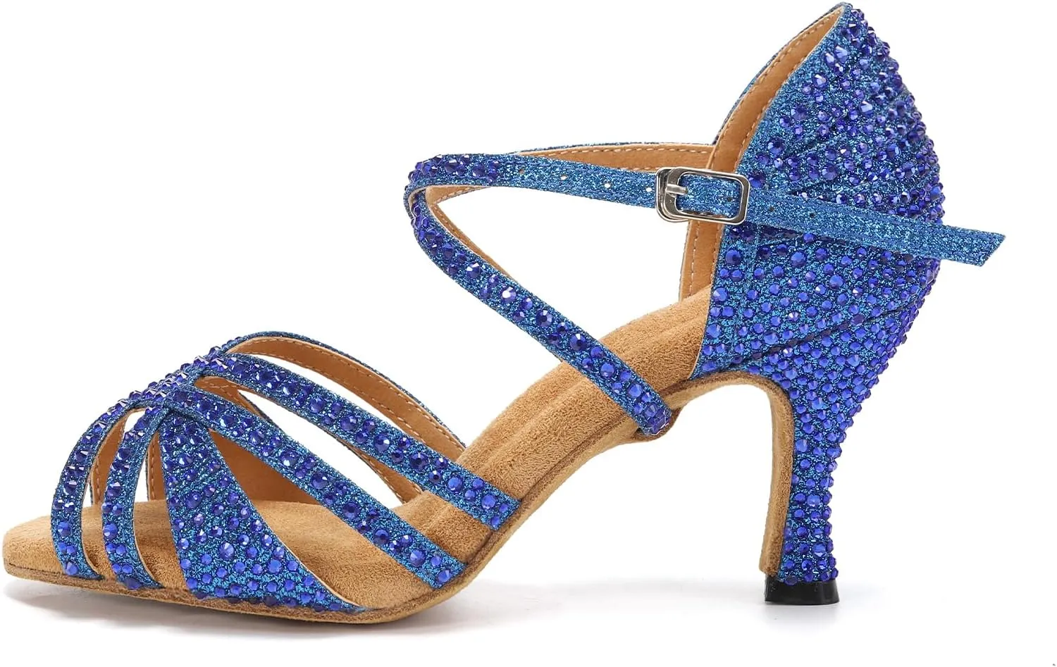 Latin Dance Shoes for Women Rhinestone Open Toe Salsa Bachata Performance Ballroom Dancing Shoes,Model QRX-L377-3 heel-Suede Sole