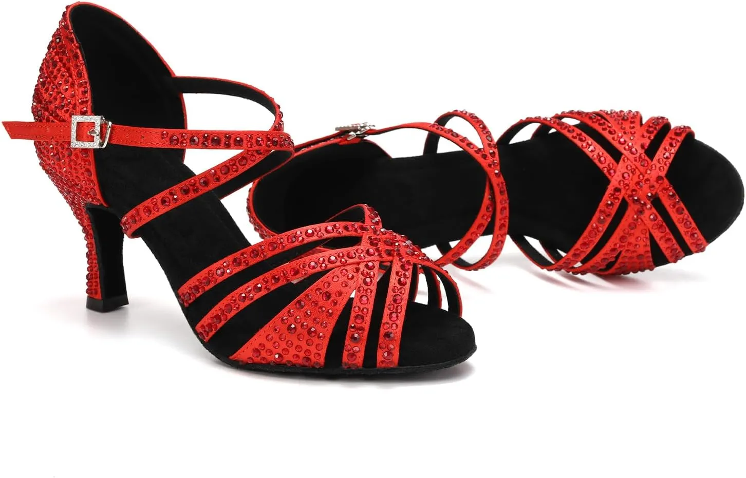 Latin Dance Shoes for Women Rhinestone Open Toe Salsa Bachata Performance Ballroom Dancing Shoes,Model QRX-L377-3 heel-Suede Sole
