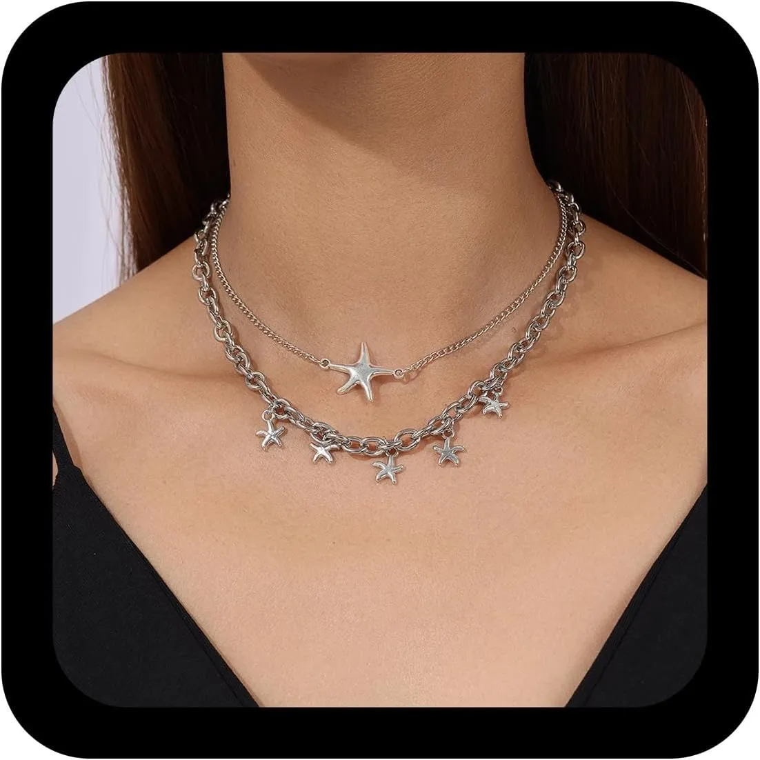 Layered Starfish Necklace Choker Punk Curb Chain Necklaces Vintage Starfish Dangle Necklace Silver Star Chain Collar Necklaces for Women