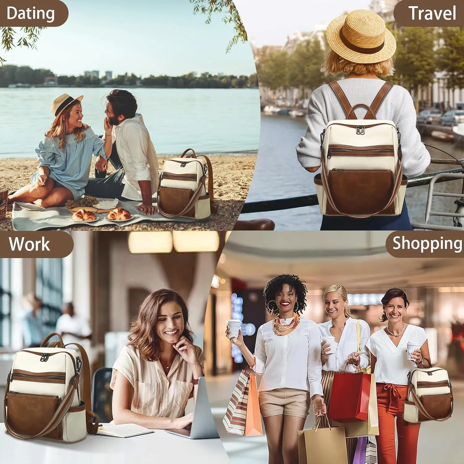 Leather Backpack Purse for Women Designer Ladies Shoulder Bag Fashion Faux Work Travel Handbags, beige, brown