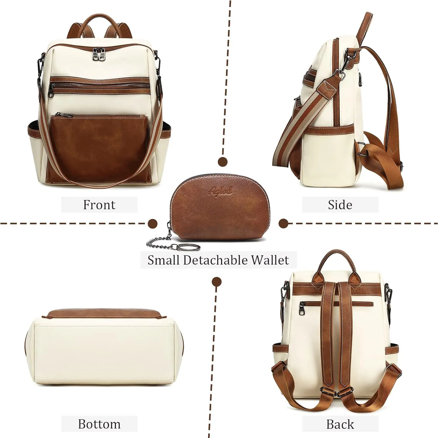 Leather Backpack Purse for Women Designer Ladies Shoulder Bag Fashion Faux Work Travel Handbags, beige, brown