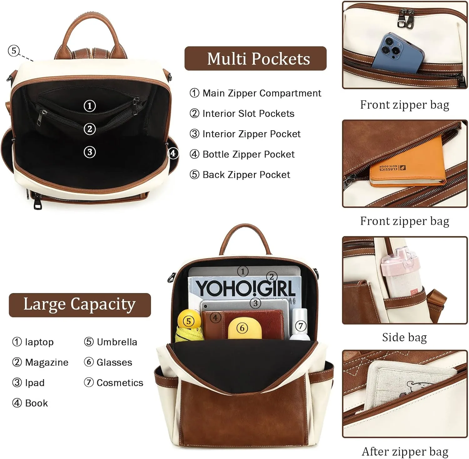 Leather Backpack Purse for Women Designer Ladies Shoulder Bag Fashion Faux Work Travel Handbags, beige, brown