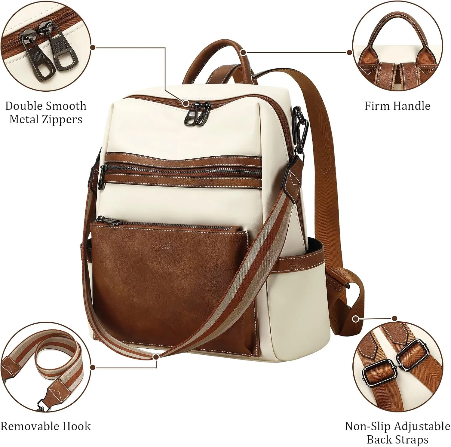 Leather Backpack Purse for Women Designer Ladies Shoulder Bag Fashion Faux Work Travel Handbags, beige, brown