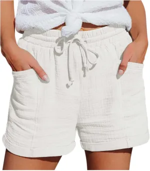 Linen Shorts for Women 2024 Summer Casual Comfy Shorts Drawstring Elastic Waist Lightweight Bermuda Shorts with Pockets
