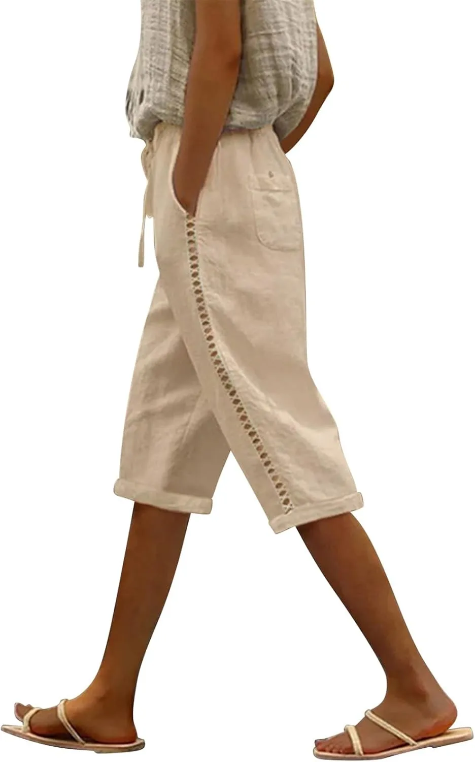Linen Shorts for Women Knee Length Drawstring Elastic Waist Side Cutout Bermuda Shorts Pockets Summer Casual Shorts