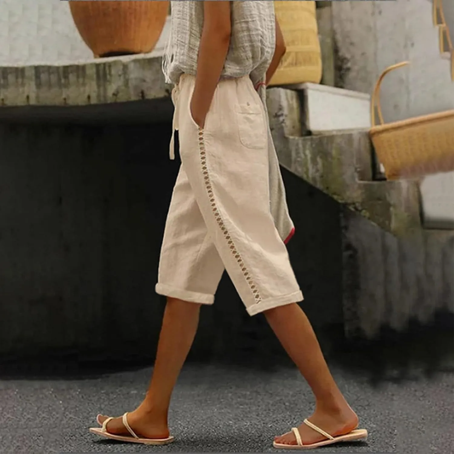 Linen Shorts for Women Knee Length Drawstring Elastic Waist Side Cutout Bermuda Shorts Pockets Summer Casual Shorts