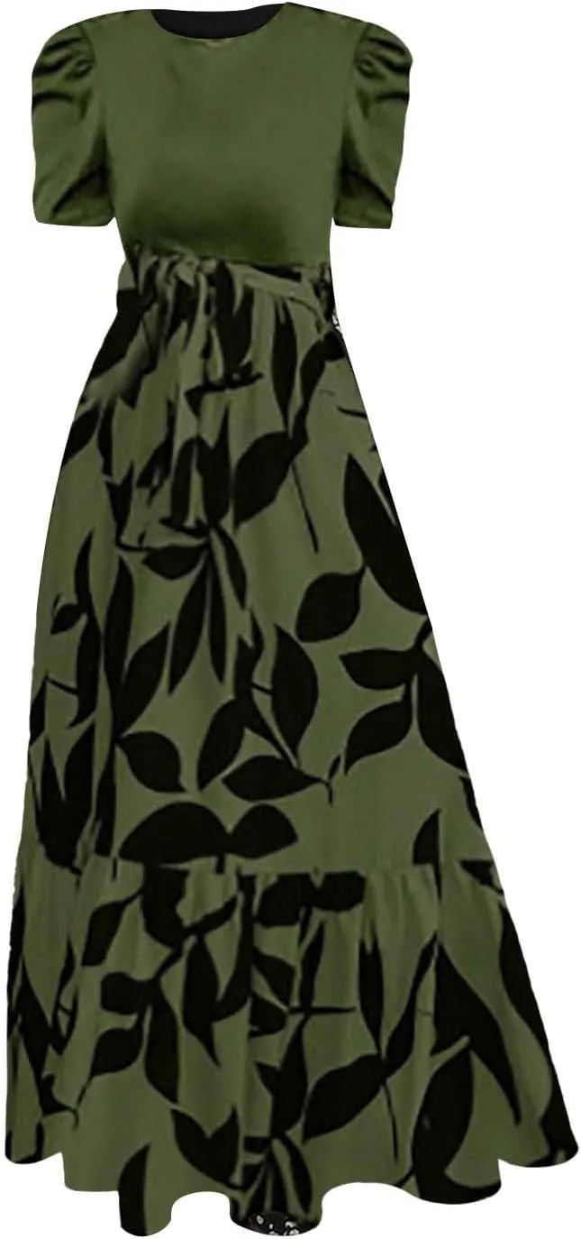 Long Boho Floral Dresses for Women Sumemr Elegant Tie Belted Patchwork Short Sleeve Modest Dresses Flowy Maxi Skirts